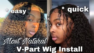 How To: Curly V-Part Wig Install ( Cute Baby Hairs, Natural Styles) | Blend My 4C Leave Out | Unice