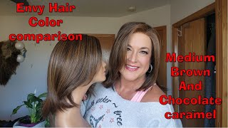 Envy Hair Color Comparison On Zoey Wig | Medium Brown/Chocolate Caramel | Human Hair/Synthetic Blend