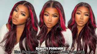 This Color  | Glueless Install | 13X4 26'' Burgundy Loose Wave Lace Front Wig | Beauty For