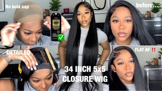Detailed Flat Side Part 5X5 Closure Wig Install | 34 Inch Hair | No Glue Needed | Nadula Hair