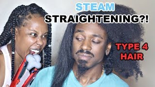 Using Steam To Straighten My Boyfriend'S Type 4 Hair | Steam Flat Iron First Impressions