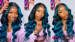 Pre Colored Frontal Wig Install | Blue Highlight Body Wave Wig Ft.Eullair Hair