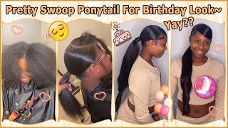 Pretty Birthday Look Extented Ponytail With Swoop Tutorial | Silk Press+Slick Back Pony #Elfinhair