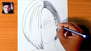 How To Draw A Girl With Short Hairstyles And Mask Easy Pencil Sketch // Girl Face With Mask Drawing
