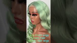 Green Hair Transparent Lace Wigs Mint Green Colored Body Wave Human Hair Lace Wigs