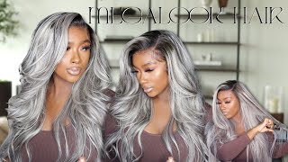 $264 Buy! |Voluminous Silver Highlighted Wig With Dark Roots For Brown Skin |Megalookhair