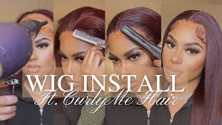 Black Cherry Flat Middle Part Wig Install + Color Tutorial | Curlyme Hair