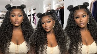 Half Up Half Down Space Buns On Curly Lace Frontal Wig Ft. Amanda Hair