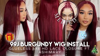 Glueless 99J Burgundy Red Straight 6X6 Lace Closure Wig Install Ft. Ashimary Hair