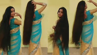 Beautiful Long Hair South Indian Girl In Blue Saree ||  Long Hair Aunty || Long Hair Queen