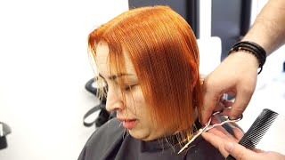 Amazing Haircut For Super Thin Hair - Golden Orange Layered Bob Cut