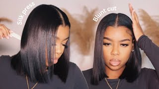 How To: Silk Press Natural Hair At Home + Diy Blunt Cut | Curly To Bone Straight!