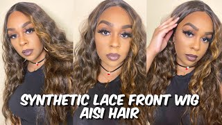 Mixed Brown Wavy Synthetic Lace Front Wig | Aisi Hair | Lindsay Erin
