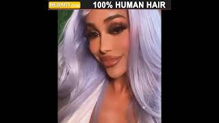 [(Mebary.Com)] Silver Grey Wavy Wig Human Hair Long Colored Lace Front Wigs