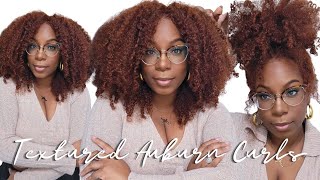 Textured Auburn Kinky Curly Affordable Wig No Adhesive Easy Reddish Brown Beginner Wig Install