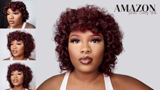 Burgundy Short Curly Bob With Bangs | 5 Min Hairstyle | Ft Amazon