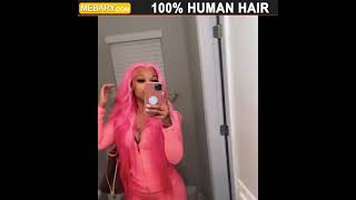 [(Mebary.Com)]  Pink Wavy Wig Human Hair Long Colored Lace Front Wigs