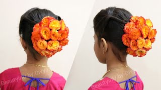 Easy Partywear Hairstyle For Medium Hair || Indian Bun Hairstyle With Flowers And Gajra