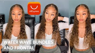 Installing 13X4 Lace Front Water Wave Wig Dyed Brown | Aliexpress Bundles + Frontal | Hair Review