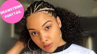 Super Cute $10 Curly Drawstring Ponytail Style - Cornrows And Puffs!