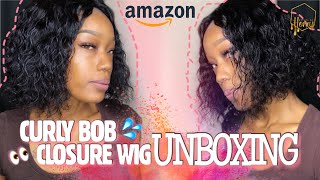 $50 Water Wave Lace Closure Wig  Affordable Curly Bob From Amazon!! Unboxing | Feat. Lanqi Hair