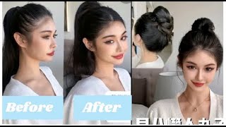 Before & After High Ponytail+Quick Messy Top Bun Hairstyle Tutorial Korean Style For Girl #Fyp