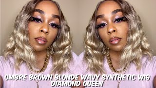 Ombre Brown Blonde Shoulder Length Wavy Synthetic Wig | Diamond Queen | Lindsay Erin