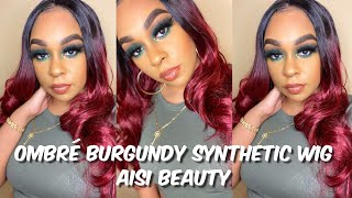 Ombre 1B/99J Burgundy Middle Part Wavy Synthetic Wig | Aisi Beauty | Lindsay Erin