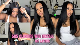 How To Cut Layers On 5X5 Closure Wig + Install | 90S Layers Inspired | Arabella Hair