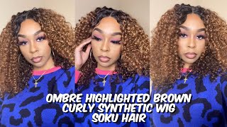 Soft & Synthetic Ombre Highlighted Brown Curly Wig | Soku Hair | Lindsay Erin