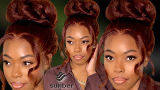 Tiktok Viral High Bun Hair Tutorial | 13X4 Kinky Straight Reddish Brown Wig | Sunber Hair