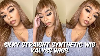 28 Inch Light Brown W/ Blonde Highlights Silky Straight Synthetic Wig | Kalyss Wigs | Lindsay Erin