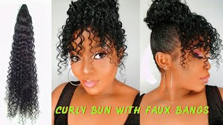 Faux Curly Bun W/Bangs Tutorial| Using Drawstring Ponytail
