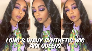 Long Black Wavy Middle Part Synthetic Wig | Aisi Queens Wigs | Lindsay Erin