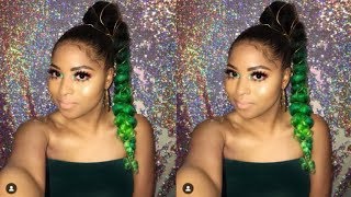 How To | Jumbo Braid Goddess High Ponytail  Natural Hair Ft Green Hair|Diy Kanekalon Hair Tutorial
