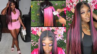 Pinktobercancer Awareness Pink Faux Highlights W/Black Hair| Body Wave To Silk Pressunice Hair