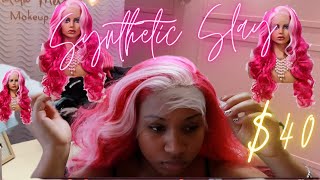 $40 Skunk Stripe Pink Hair Synthetic Wig Install Step By Step Full Lace Wig W/ Link|Mckinlee Brooke