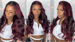 Spicy  Vibe Dark Burgundy With Rose Red Highlights Body Wave Lace Front Wig | Arabella Hair