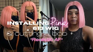 Installing 613 Pink Wig & Cutting Hair Into Bob *Realistic*